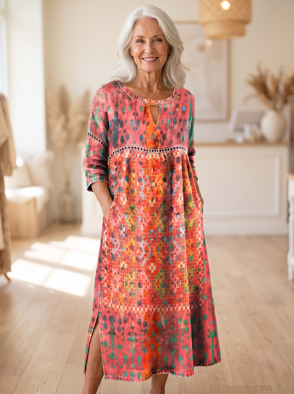 Older woman wearing the Francisca elegant printed dress, hands in the side pockets