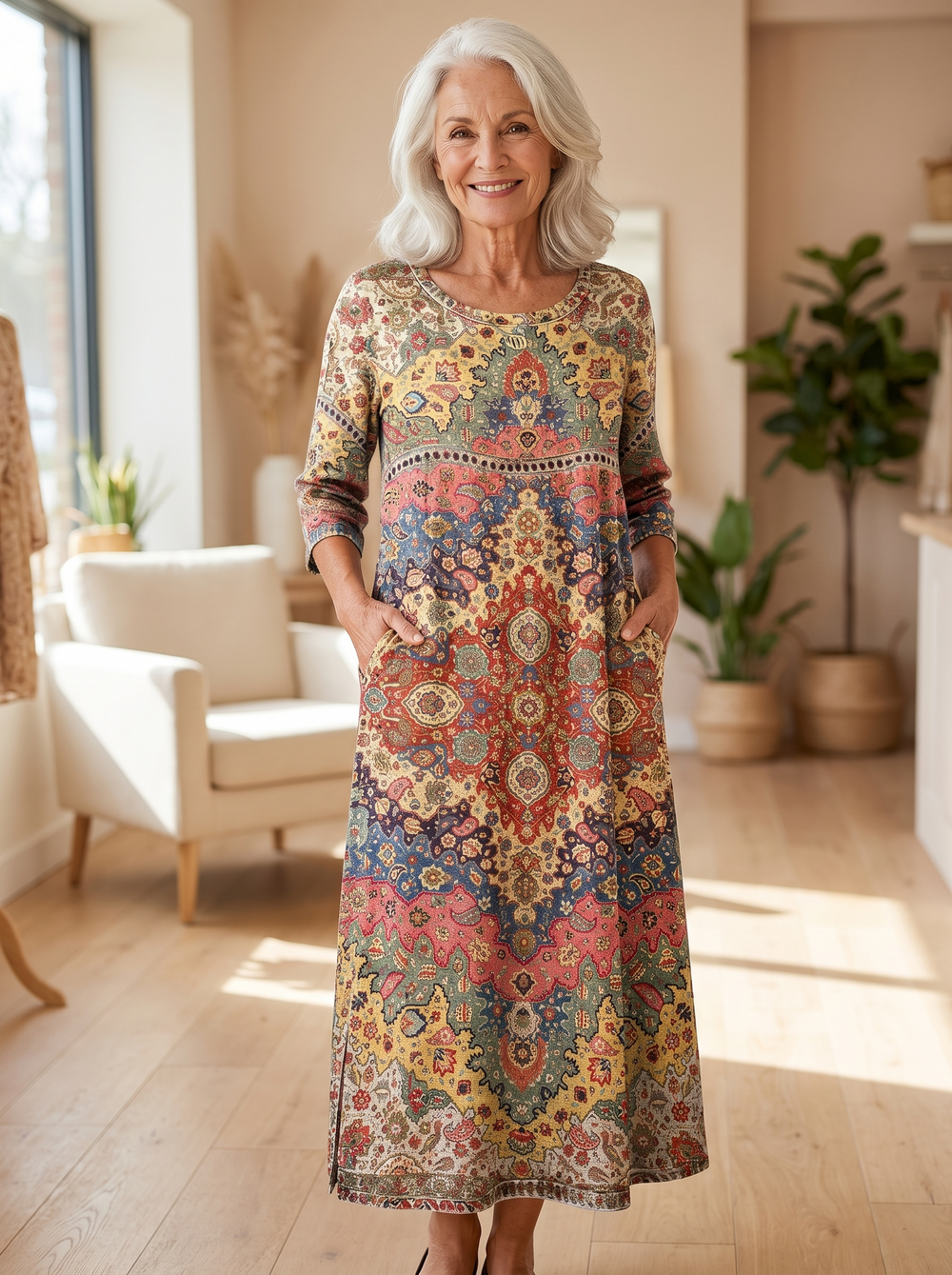 Older woman wearing the Remedios printed dress, hands in the side pockets