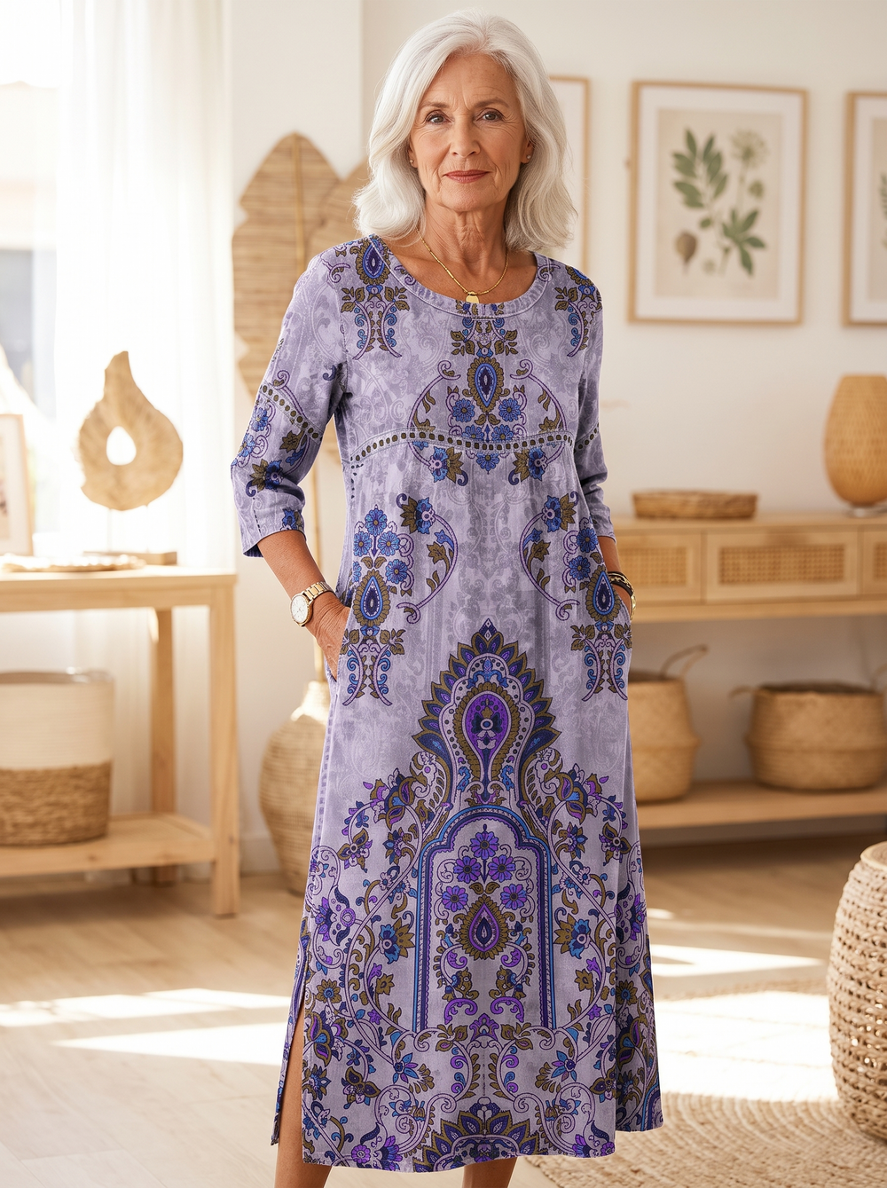 Older woman wearing the Petra printed dress, hands in the side pockets