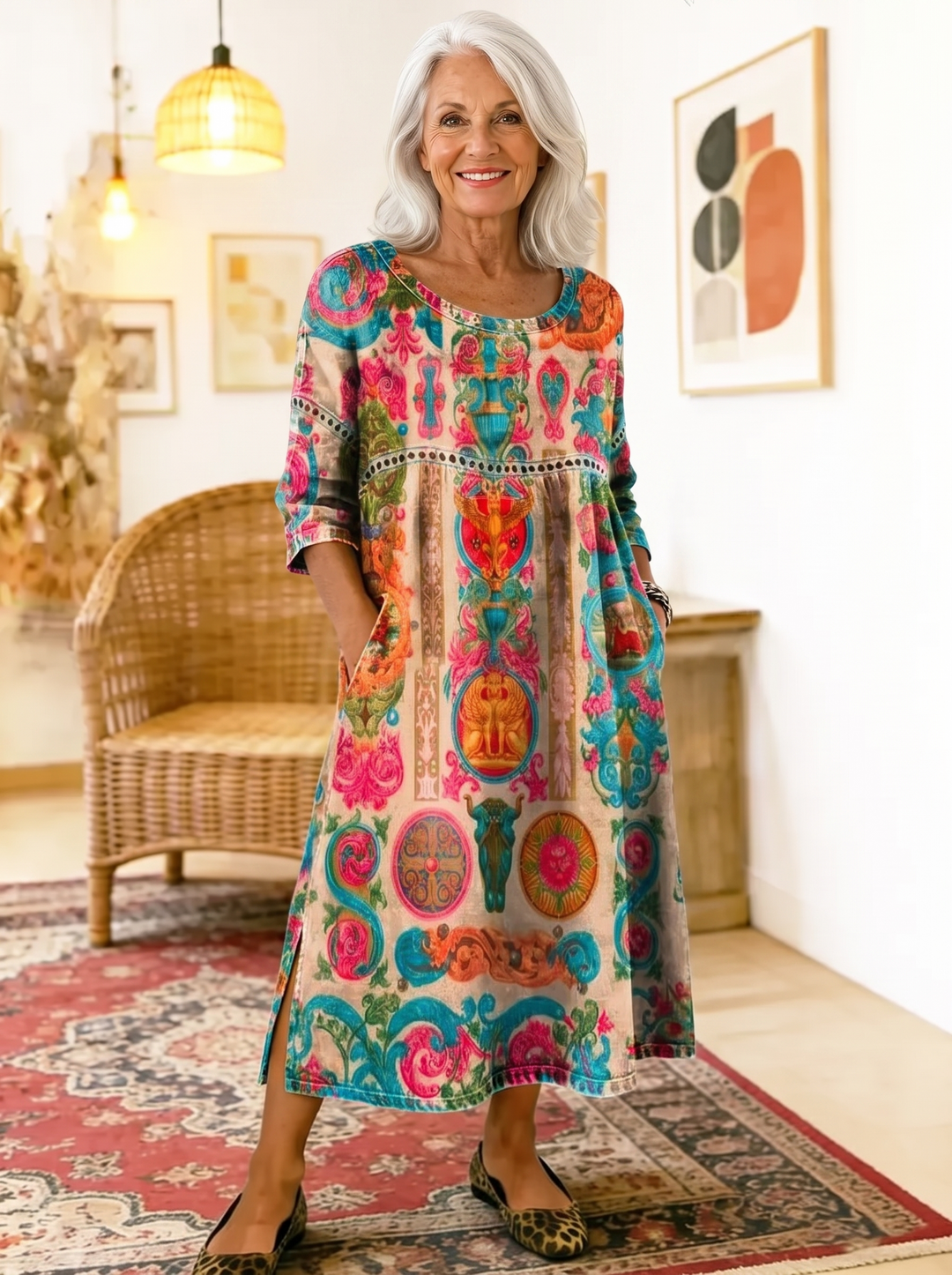 Older woman wearing the Dolores printed dress, hands in the side pockets