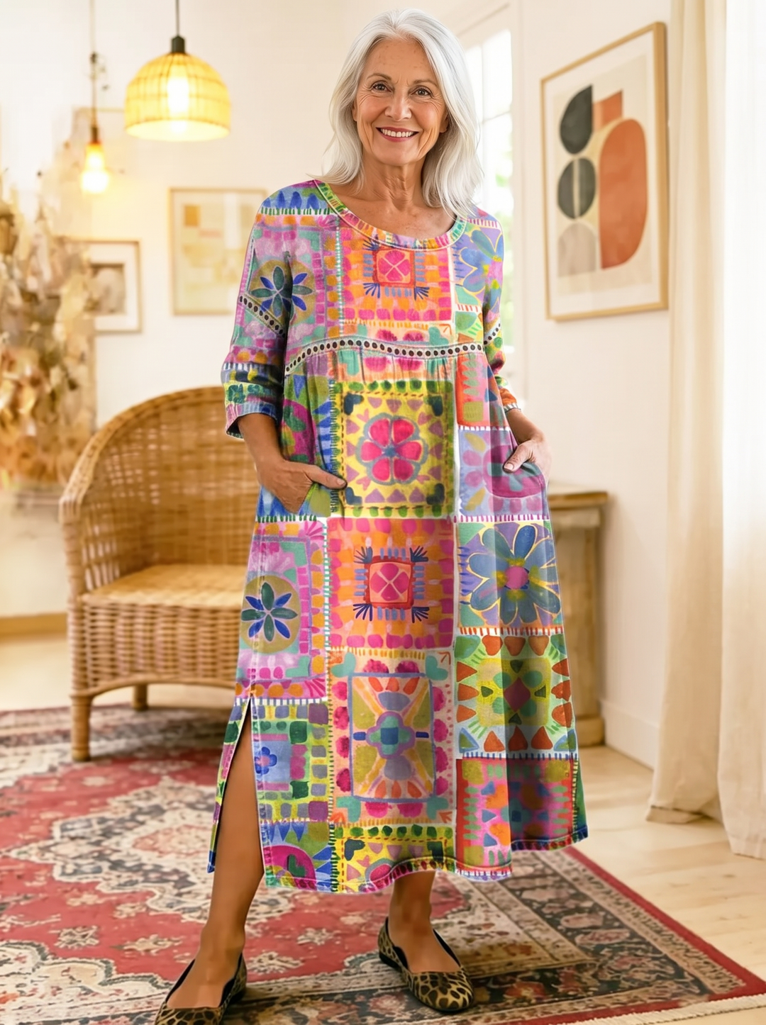 Older woman wearing the Pilar ethnic print dress, hands in the side pockets