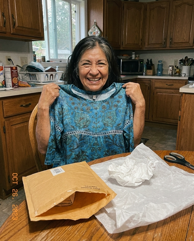 Customer review photo - woman unboxing Ava Rose printed dress