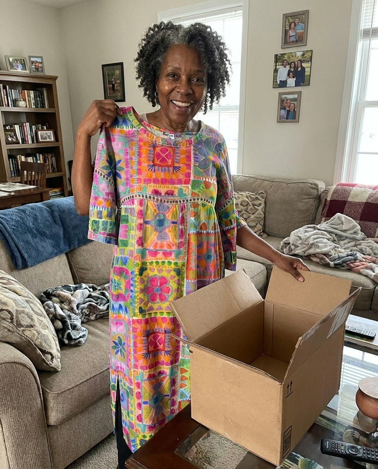 Customer review photo - woman unboxing Ava Rose printed dress