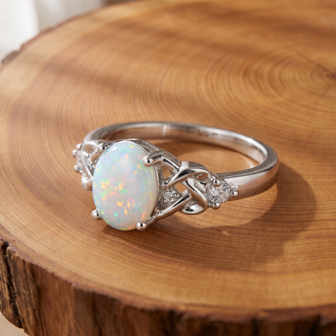 White Opal Celtic Knot Silver Ring