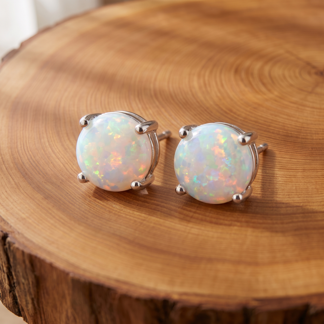 White Opal Silver Stud Earrings