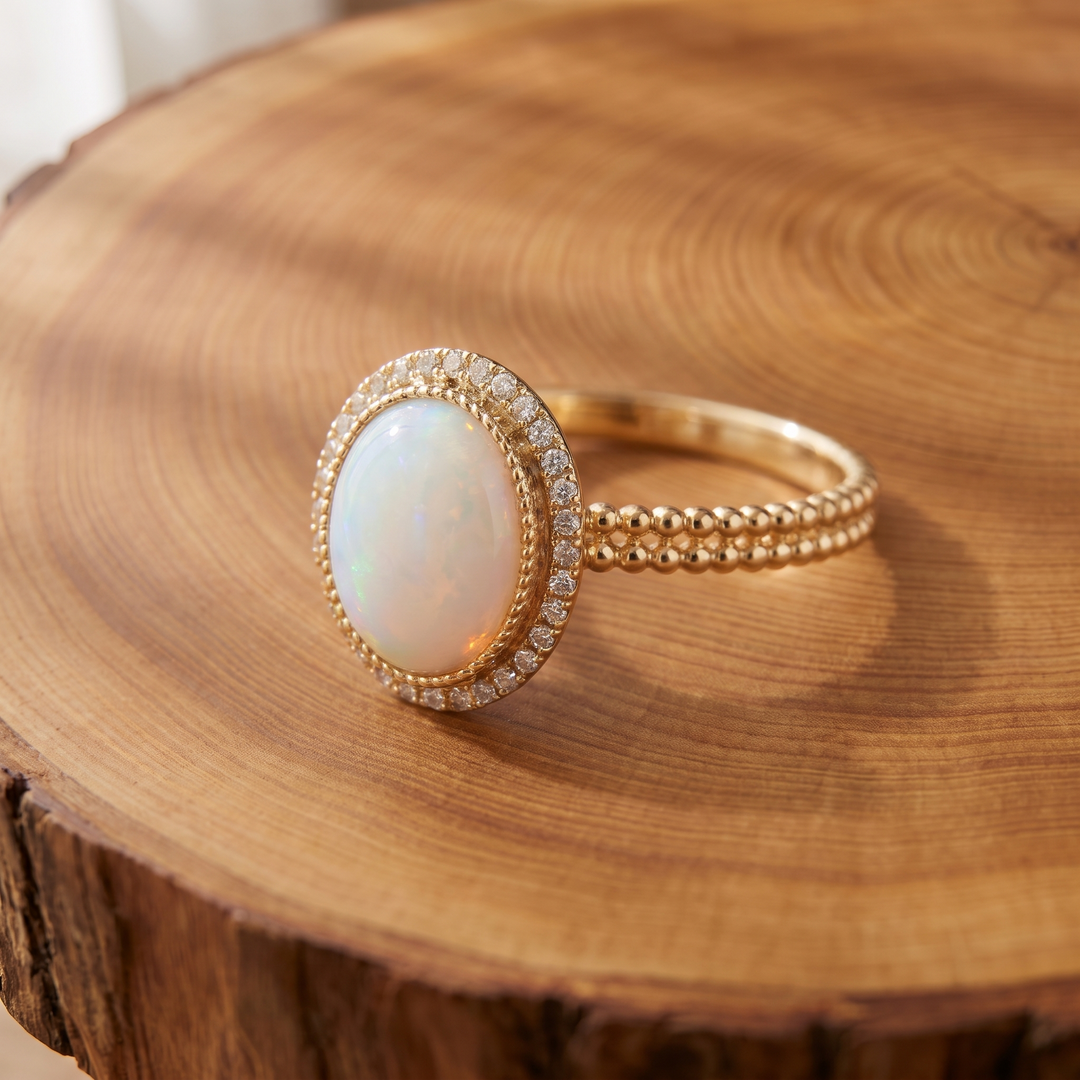 White Opal Halo Gold Ring