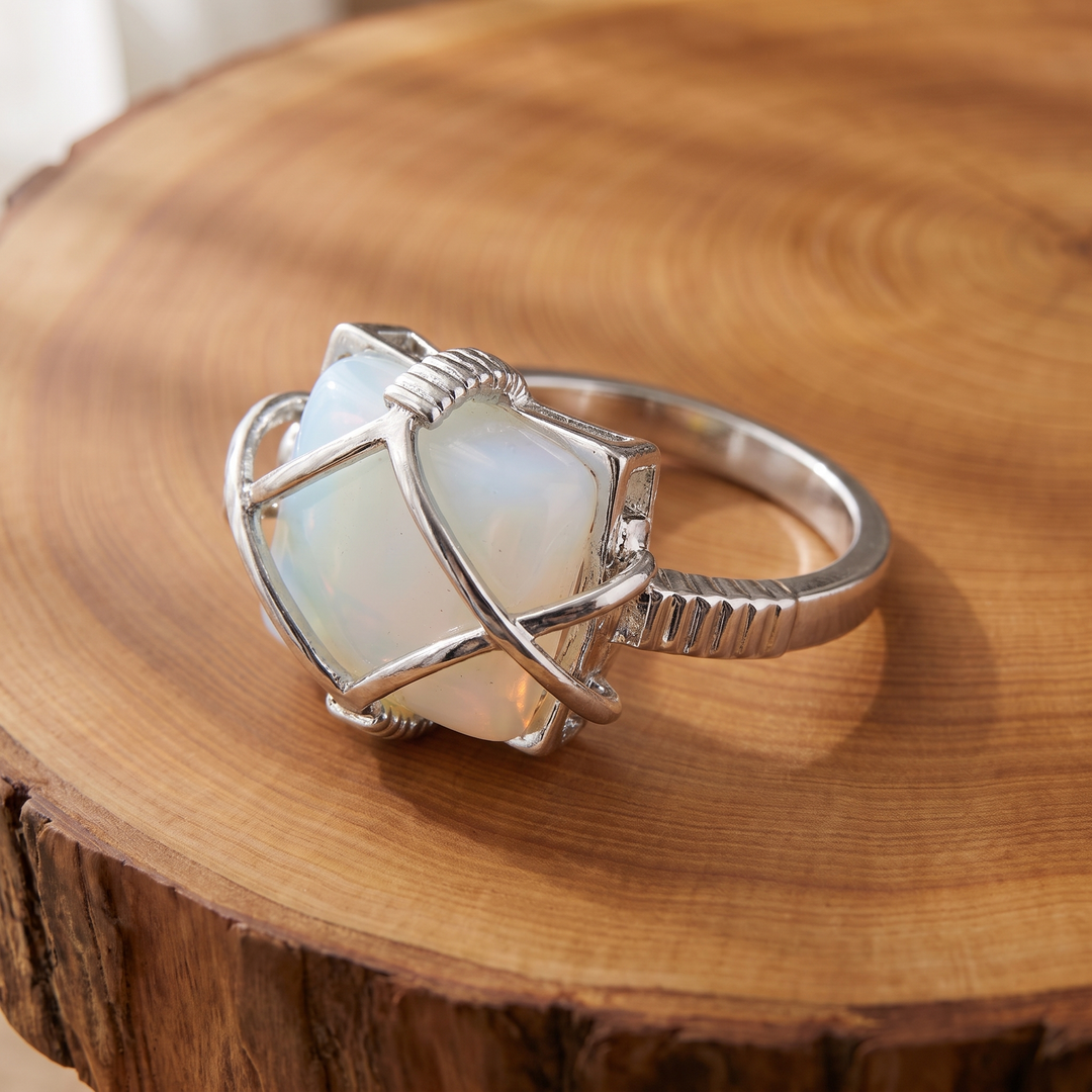White Opal Wire-Wrapped Silver Ring