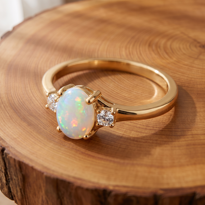 White Opal Three-Stone Gold Ring