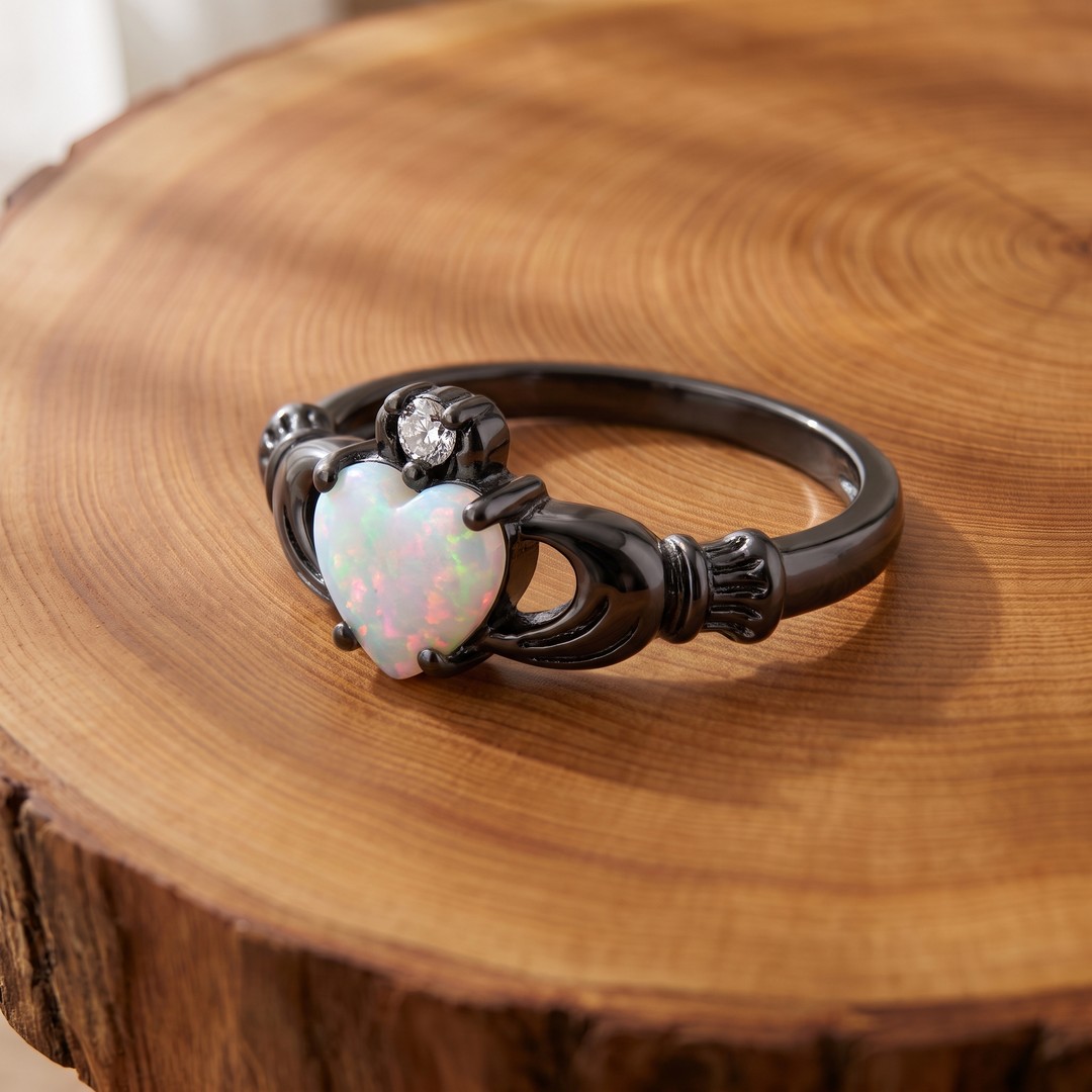 White Opal Claddagh Black Gold Ring