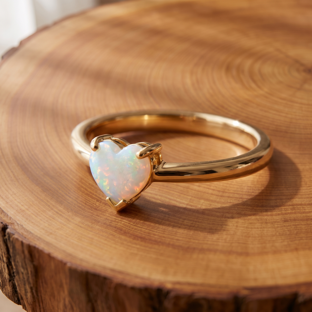 White Opal Heart Gold Ring
