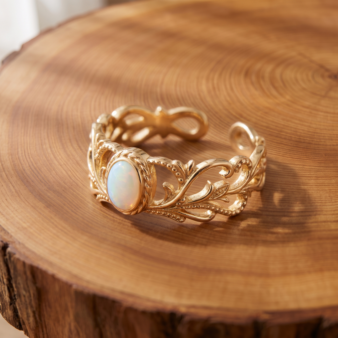White Opal Leaf Gold Ring