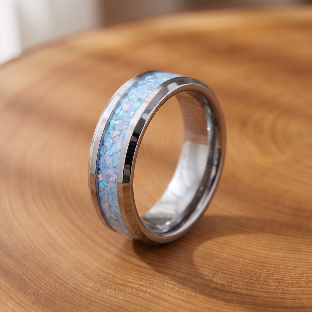 Blue Opal Inlay Steel Band Ring