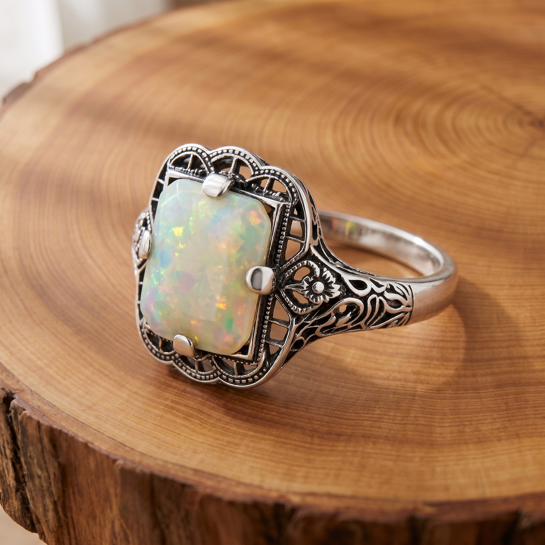 White Opal Filigree Silver Ring