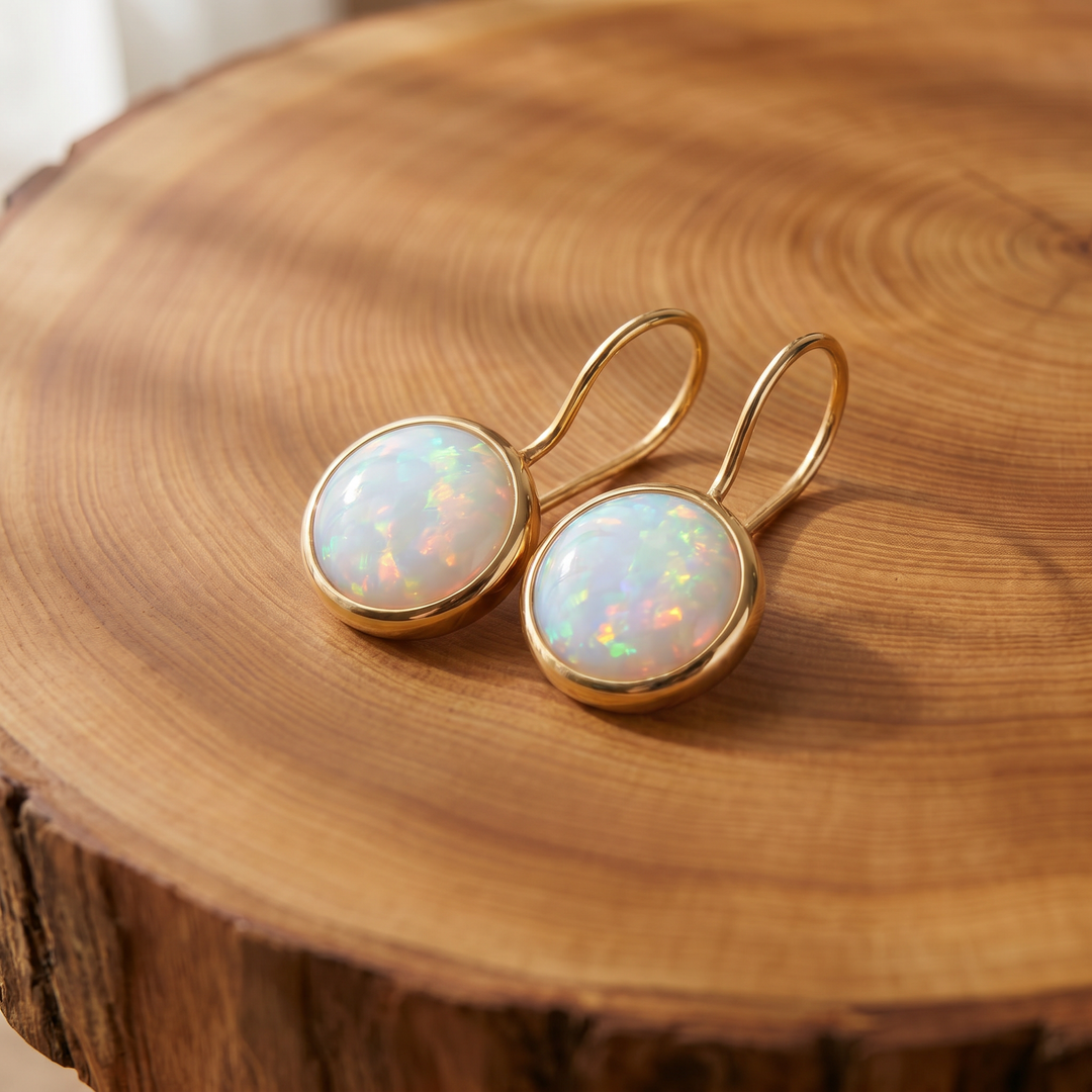 Golden Fire Opal Halo Drop Earrings