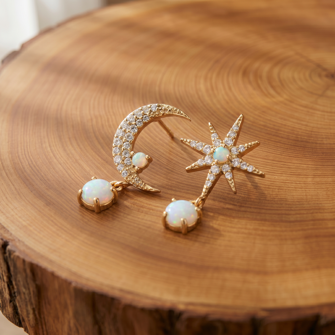 Opal Moon and Star Mismatched Earrings