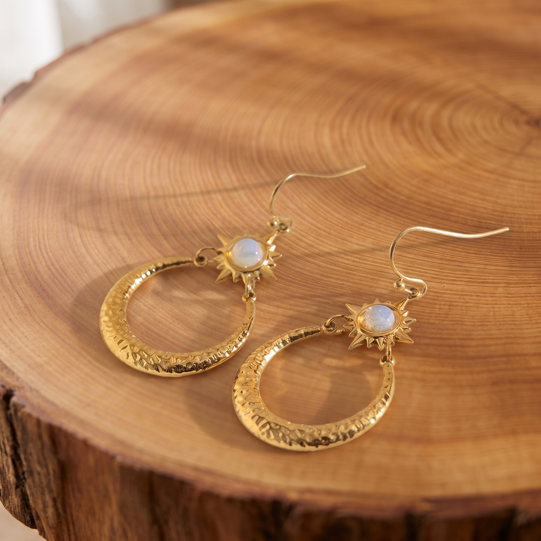 Opal Sunburst Hammered Hoop Earrings