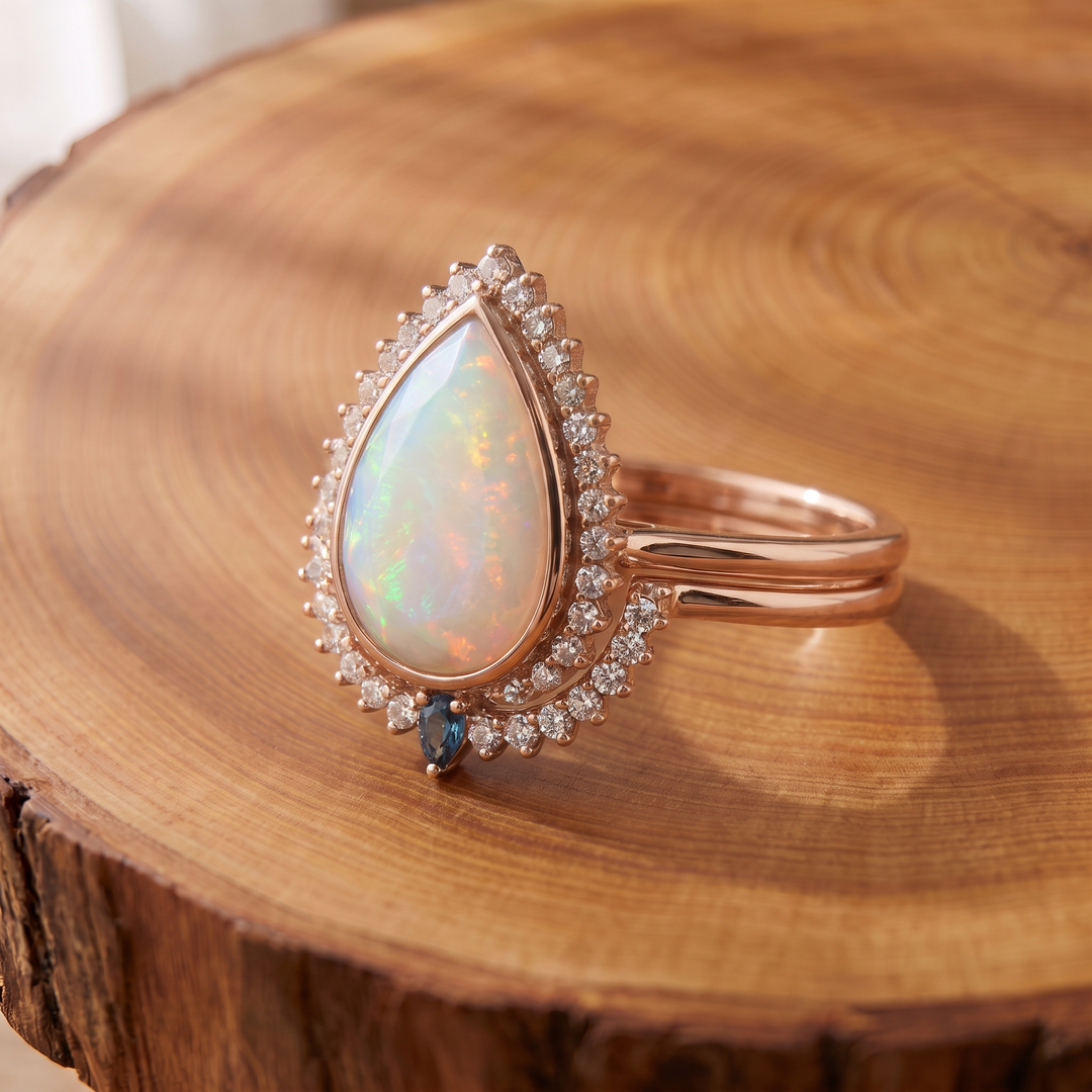 White Opal Teardrop Rose Gold Ring