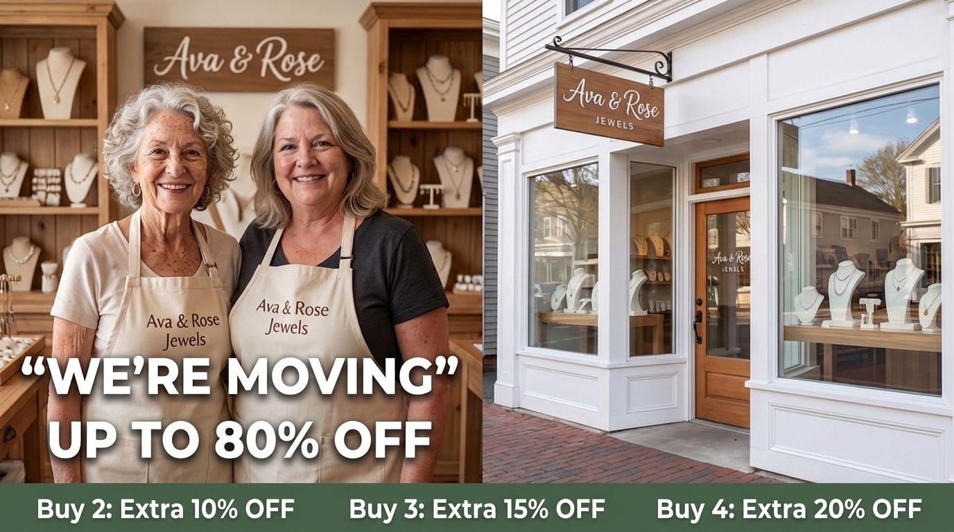 We're moving hero — Ava & Rose owners, green discount strip