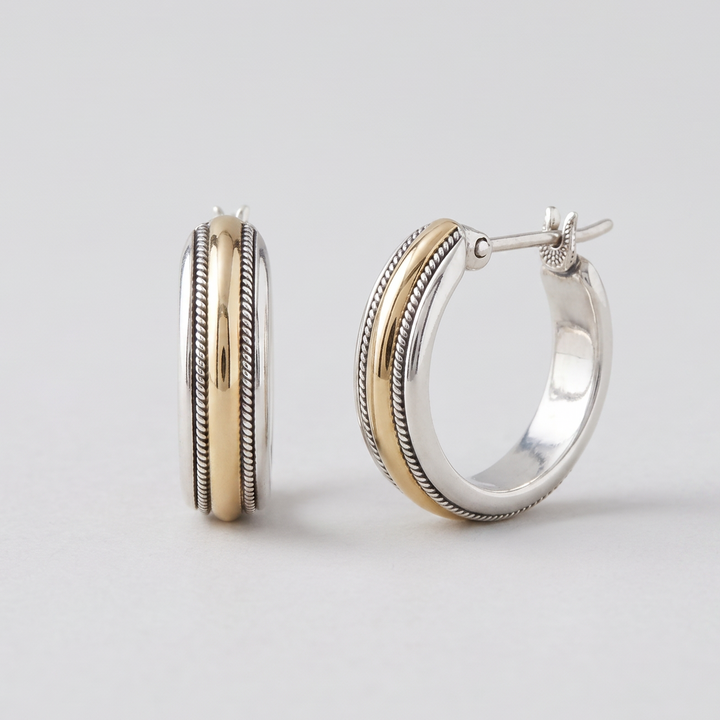 Vintage Golden Line Silver Hoop Earrings