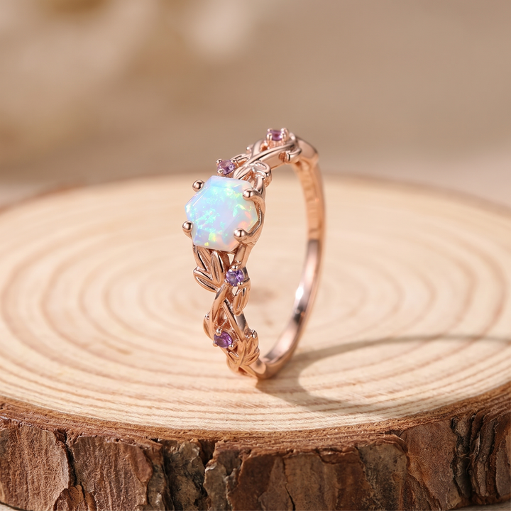 Rose Gold Opal Hexagon Vine Ring