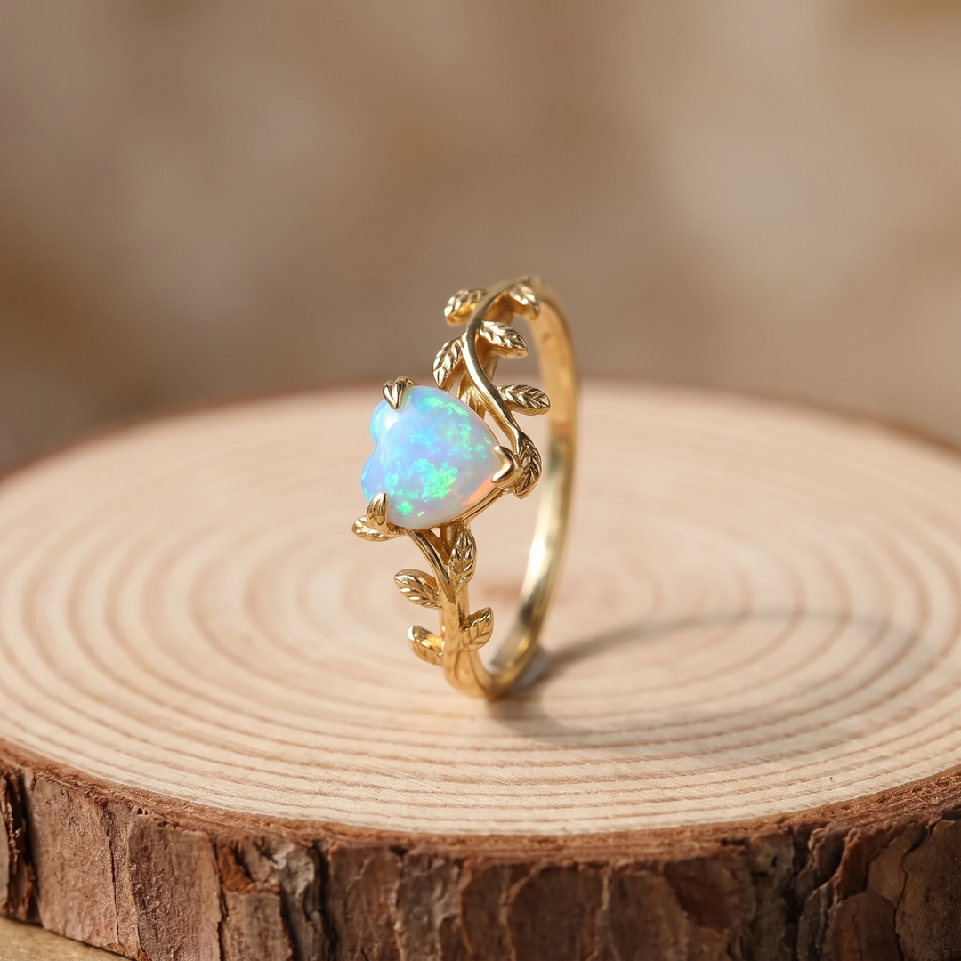 Leaf Branch Heart Opal Ring