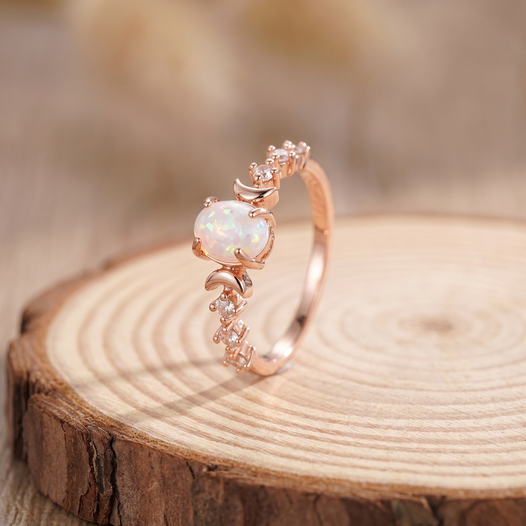 Crescent Moon Opal Zircon Ring