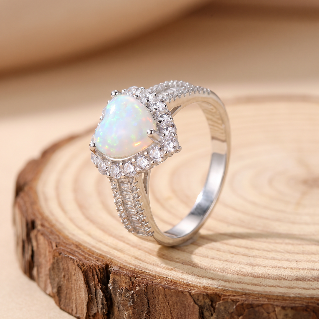 Heart Opal Halo Silver Ring