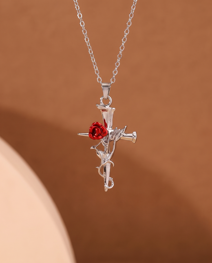 Cross and Rose Thorn Pendant Necklace
