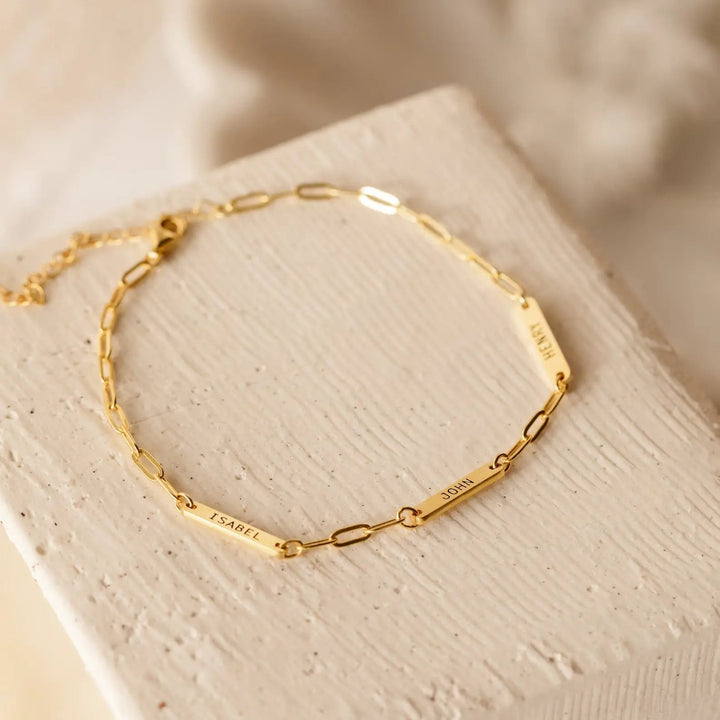 Name bar bracelet worn on the wrist
