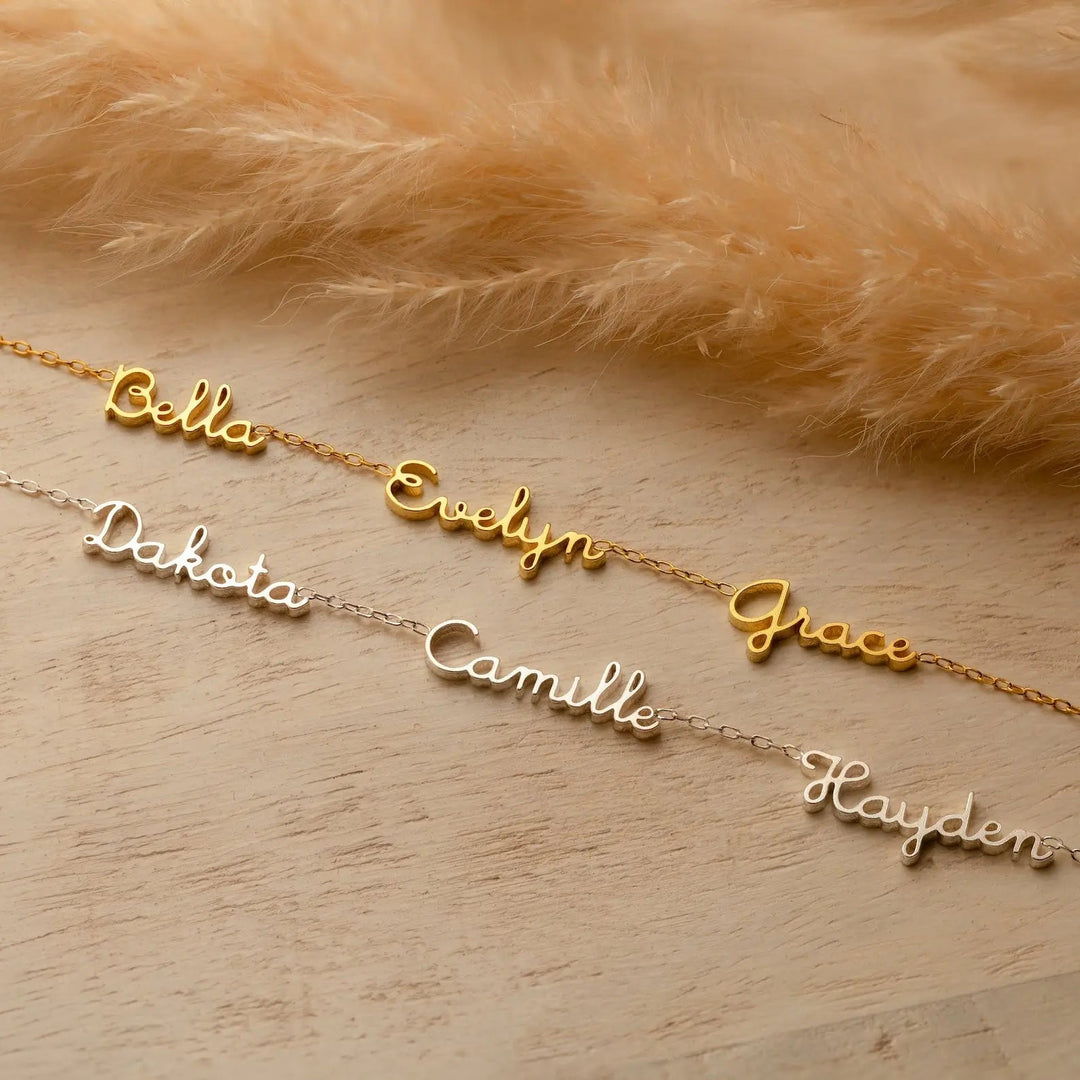 Gold and silver dainty name necklaces with multi-name pendants