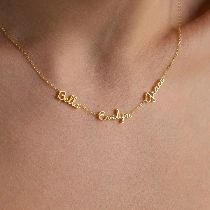 Dainty multiple name necklace with three names in cursive