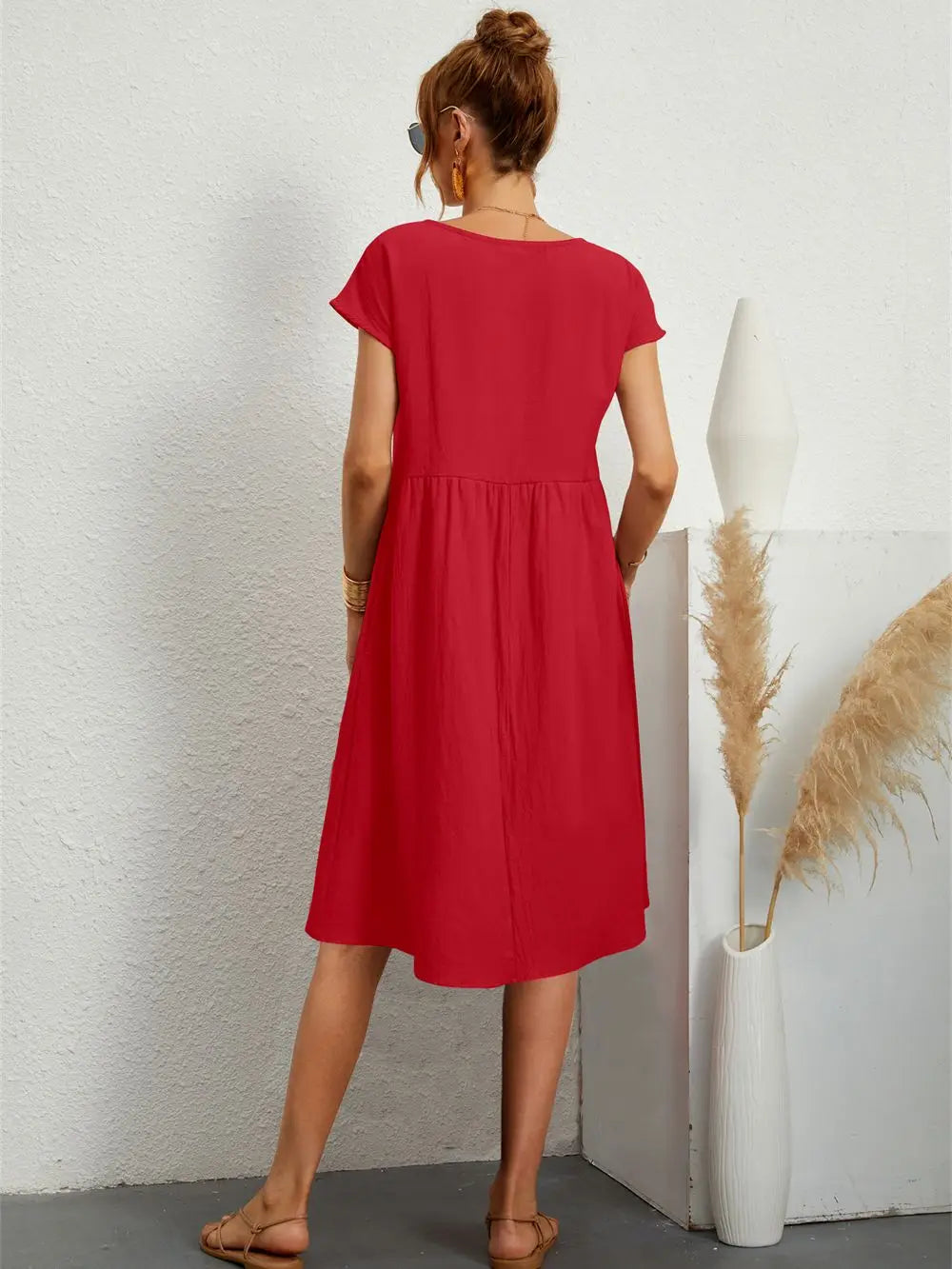 Women's Casual Dress | Short Sleeve Midi with Side Pockets