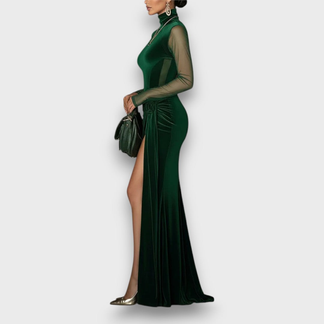 Elaria – Emerald Velvet Mesh-Sleeve Maxi Dress