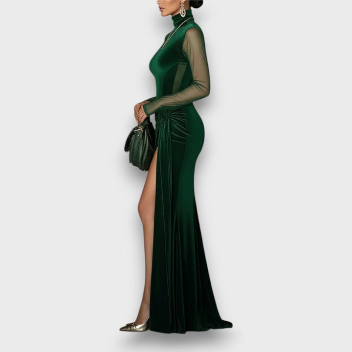 Elaria – Emerald Velvet Mesh-Sleeve Maxi Dress