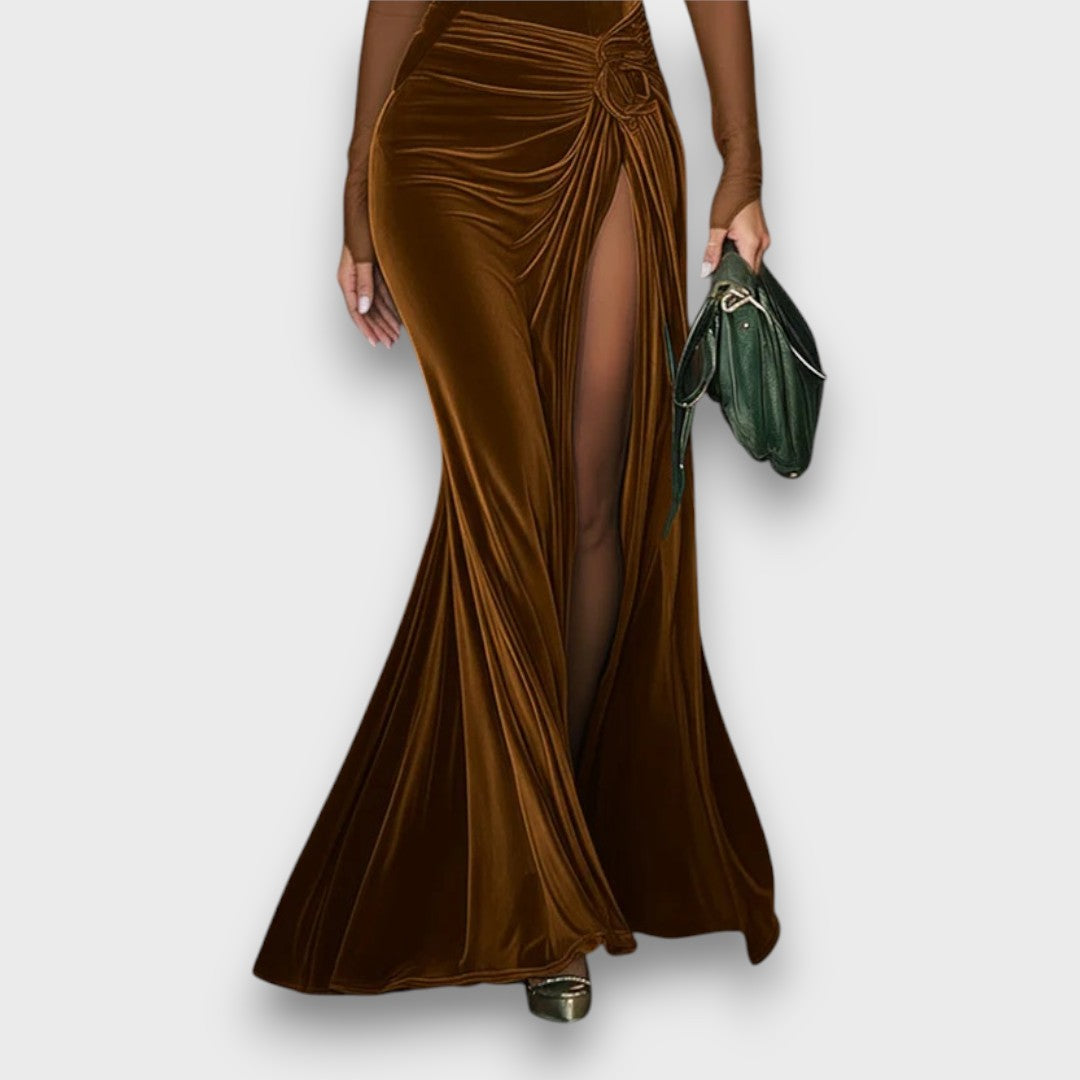 Elaria – Emerald Velvet Mesh-Sleeve Maxi Dress