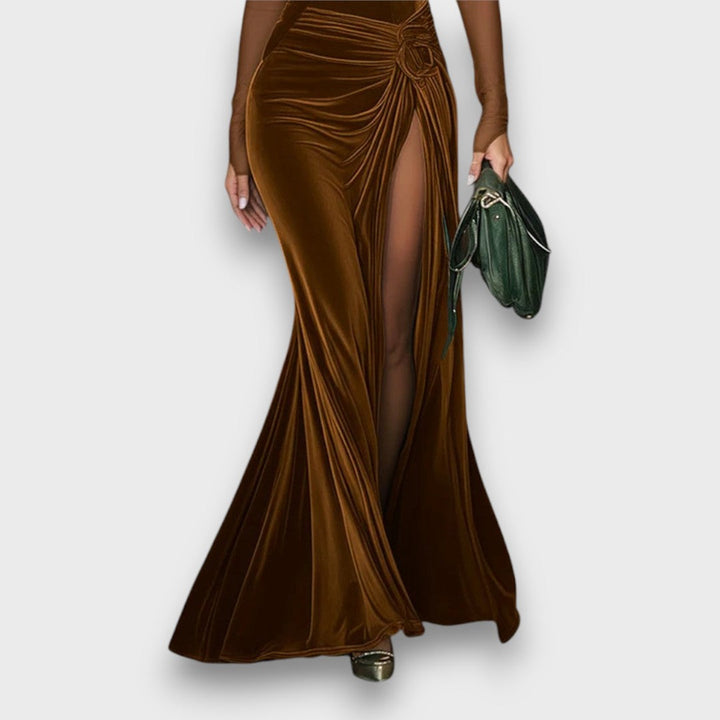 Elaria – Emerald Velvet Mesh-Sleeve Maxi Dress