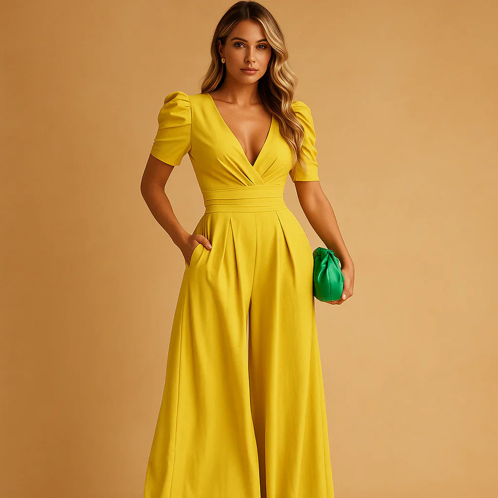 Jennifer | Women's V-Neck Puff Sleeve Wide Leg Jumpsuit