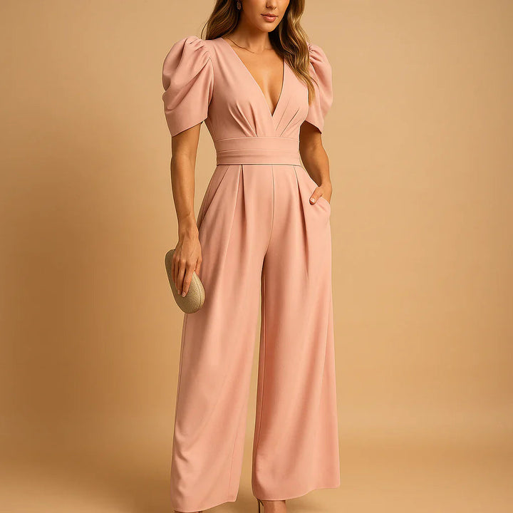Jennifer | Women's V-Neck Puff Sleeve Wide Leg Jumpsuit