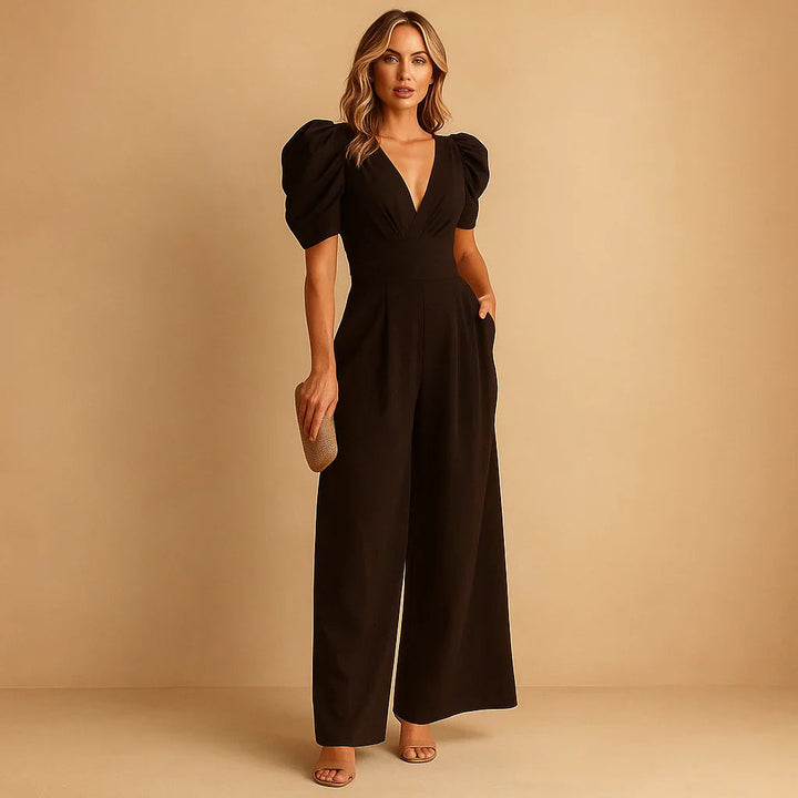 Jennifer | Women's V-Neck Puff Sleeve Wide Leg Jumpsuit