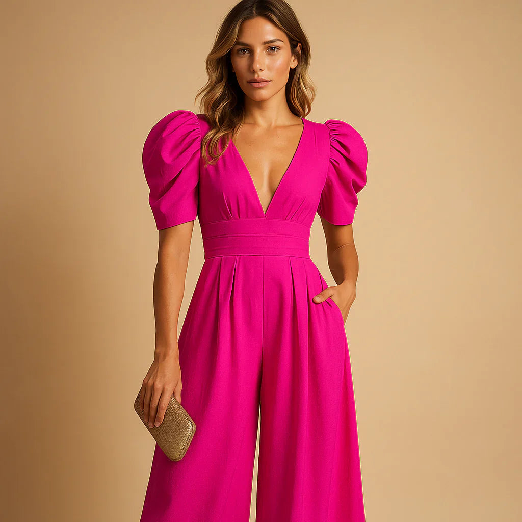 Jennifer | Women's V-Neck Puff Sleeve Wide Leg Jumpsuit