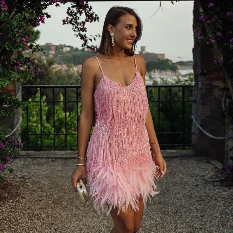 Katrina | Women's V-Neck Fringe Mini Dress