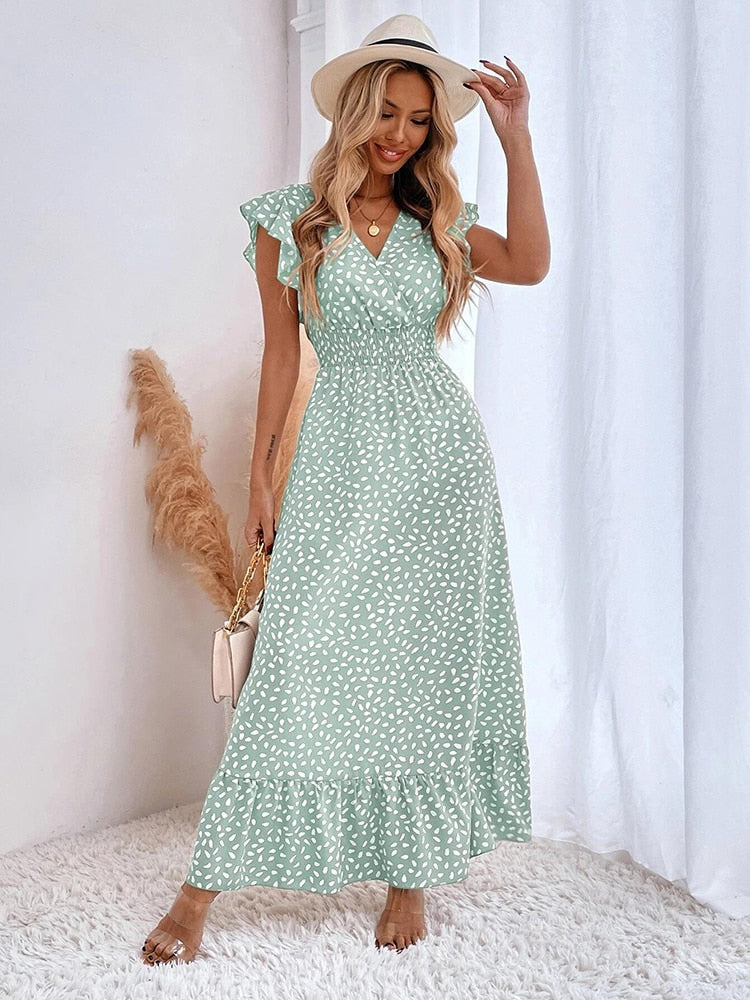 Lana | Women's V-Neck Ruffle Sleeve Maxi Dress