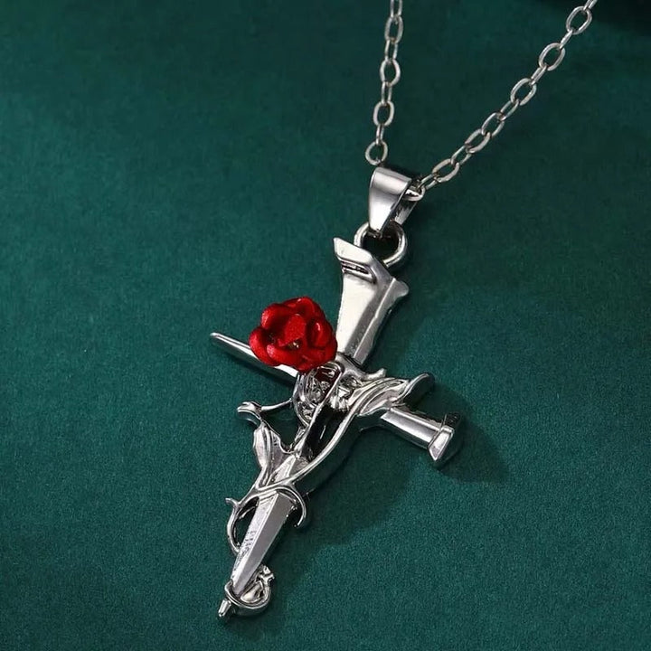 Cross and Rose Thorn Pendant Necklace