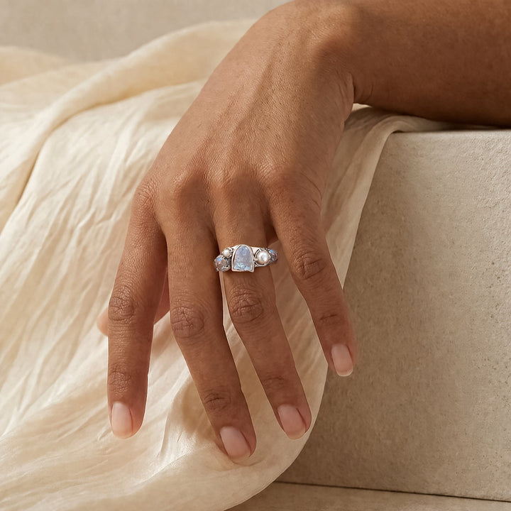 Raw Moonstone and Pearl Trio Ring