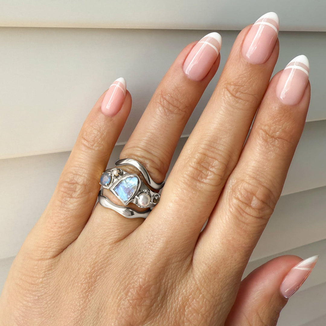 Raw Moonstone, Molten and Wave Band Ring Set