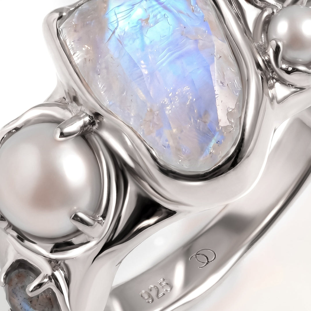 Raw Moonstone and Pearl Trio Ring