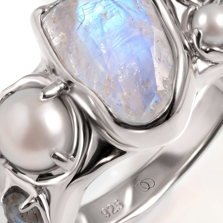 Raw Moonstone and Pearl Trio Ring