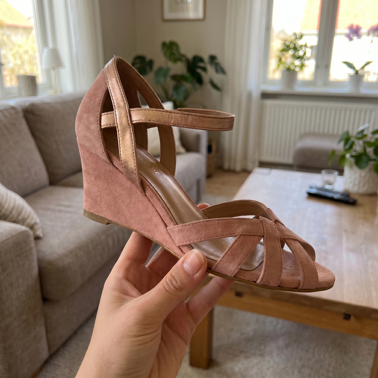 Customer review photo — Amelia wedge sandals in hand